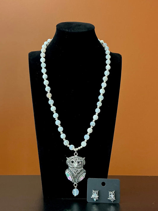 Owl Statement Necklace & Earrings - Iridescent Wings