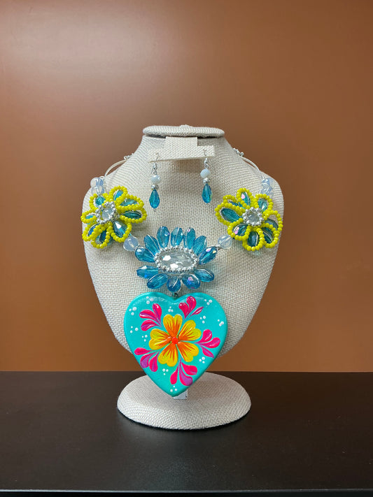 Blooming Blue Heart Necklace & Earrings