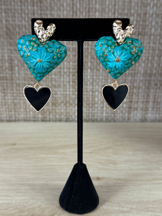 Turquoise & Black Corazón Statement Earrings