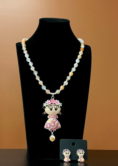 Frida Necklace & Earrings Set - Peach & Pink