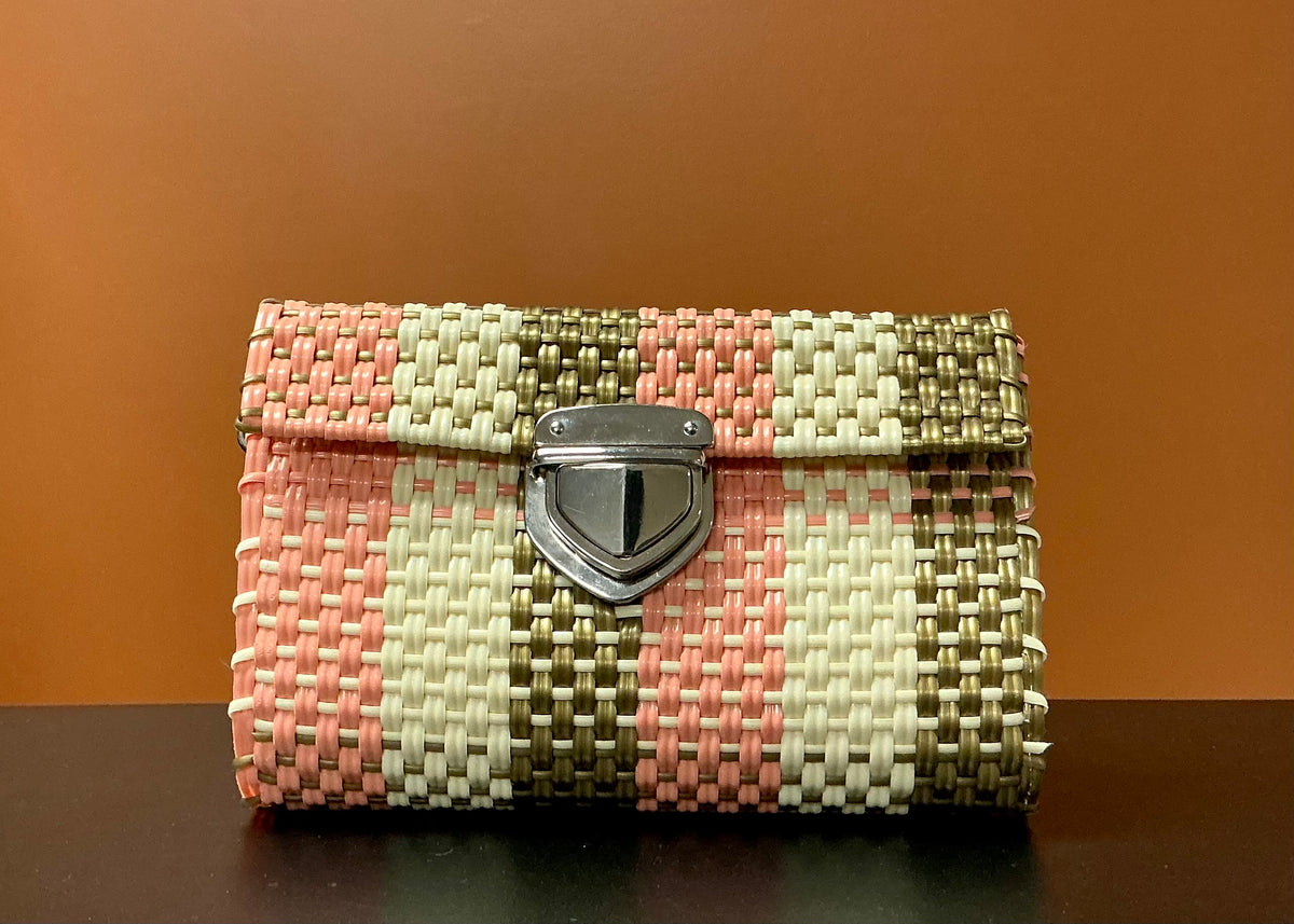 Handwoven Plastic Clutch - Pink, White, & Gold