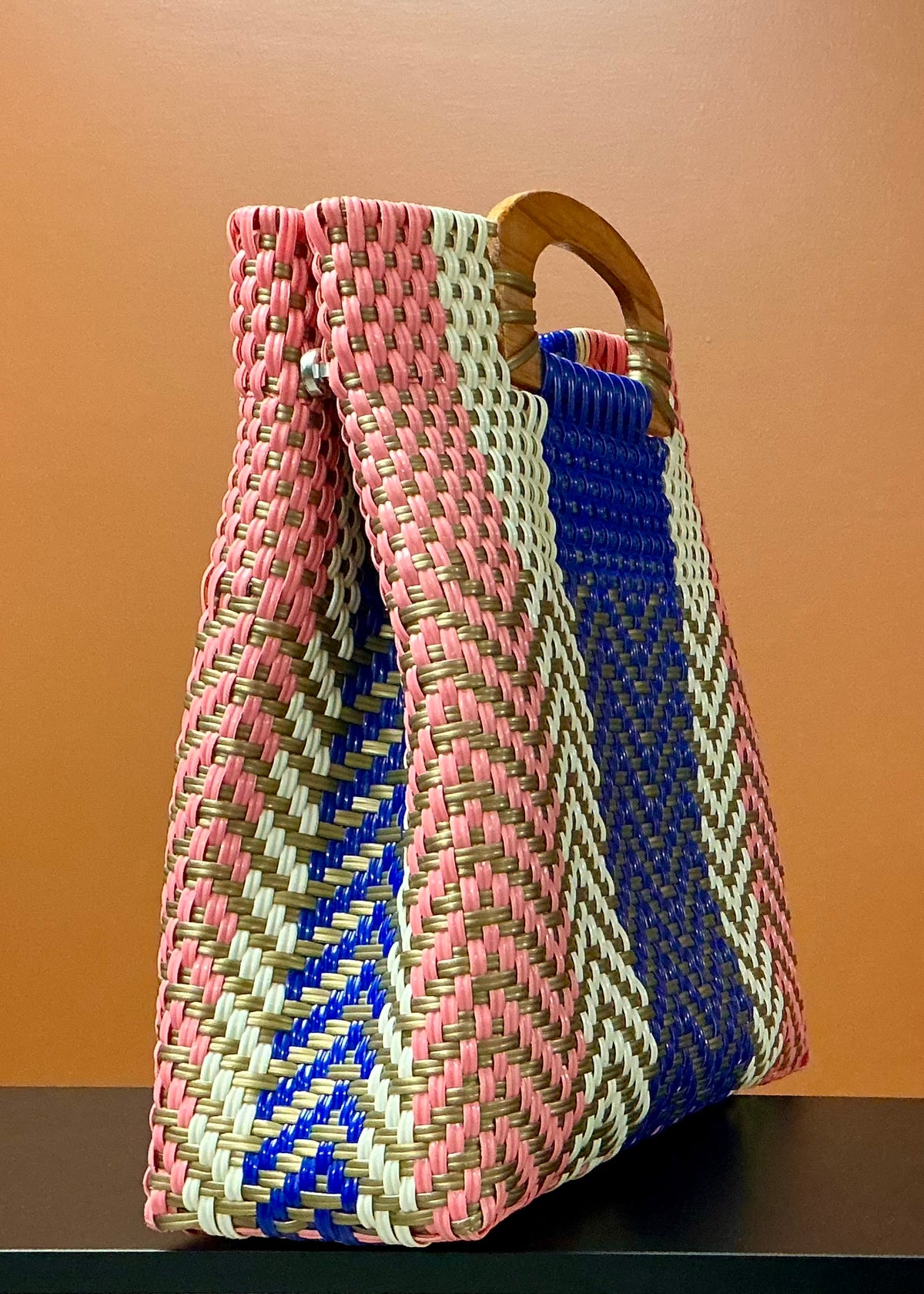 Large Handwoven Plastic Tote Bag - Pink, White, Blue, & Gold