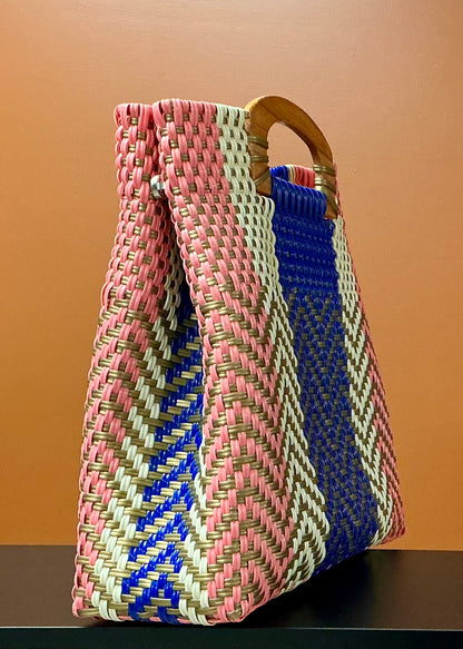 Large Handwoven Plastic Tote Bag - Pink, White, Blue, & Gold