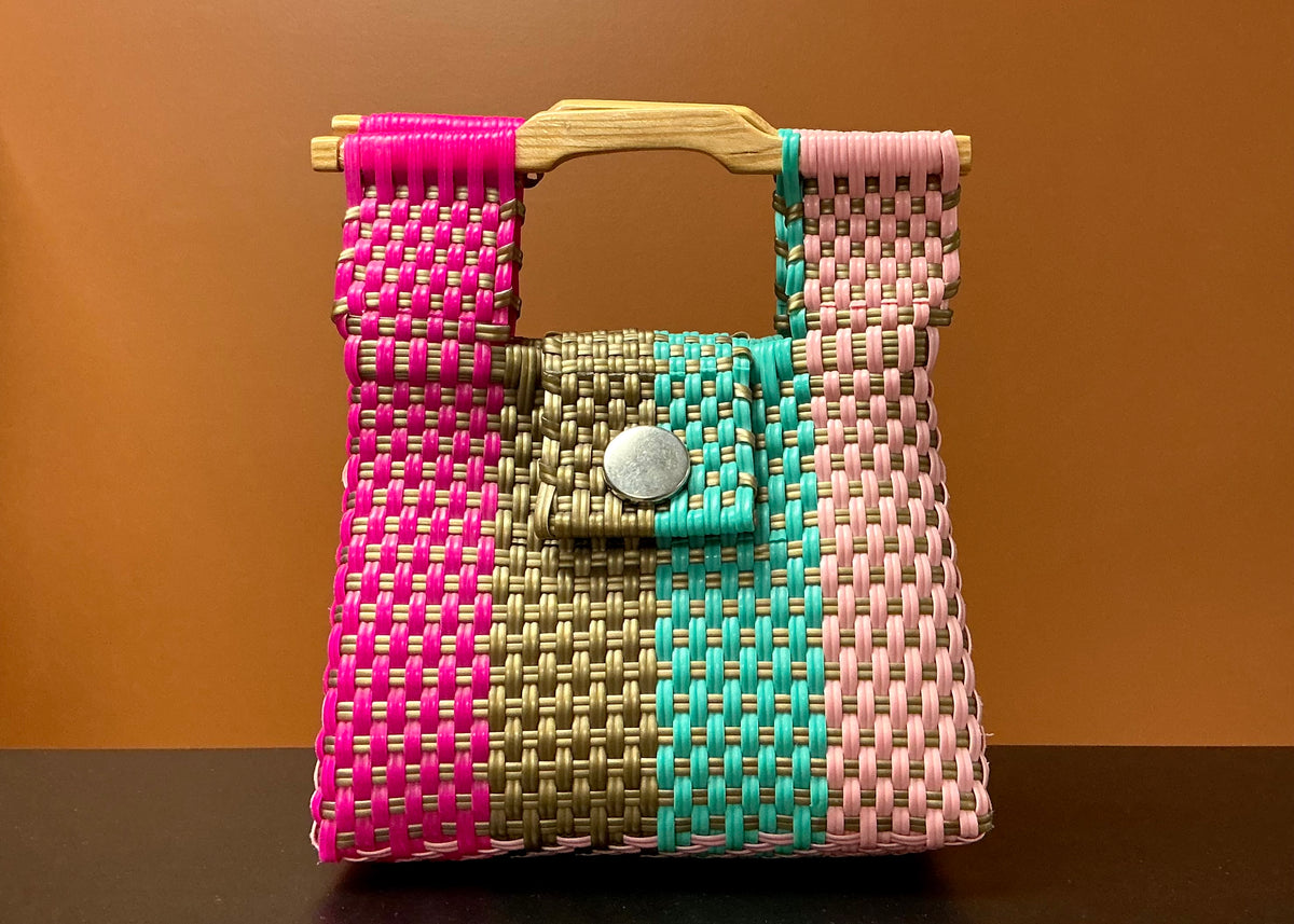 Mini Handwoven Plastic Bag - Pink, Teal, & Brown