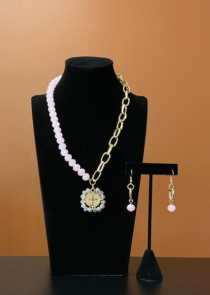 Saint Benedict Necklace & Earring Set - Pink