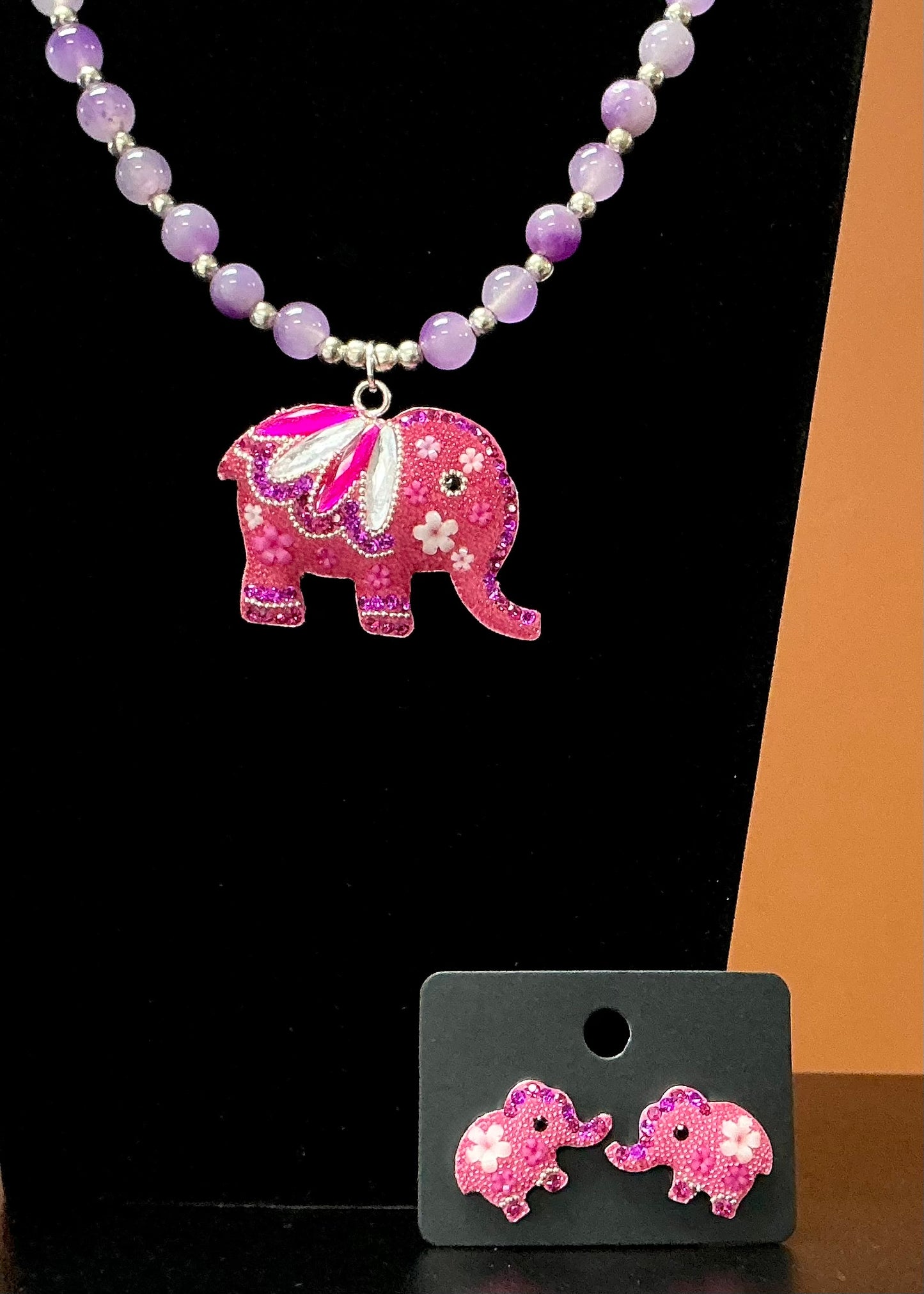 Elephant Necklace & Earrings - Purple & Pink