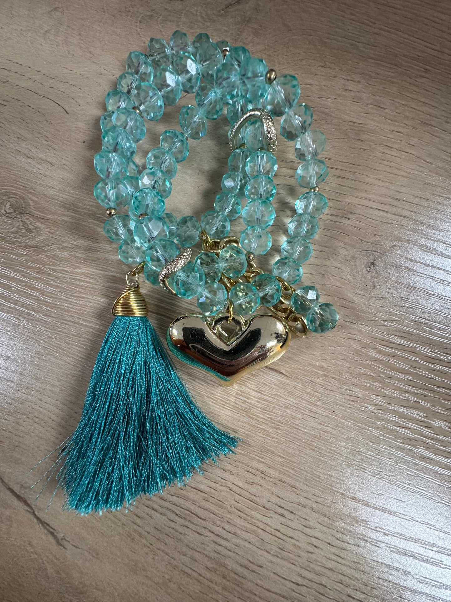 Aqua Crystal Heart Tassel Bracelet