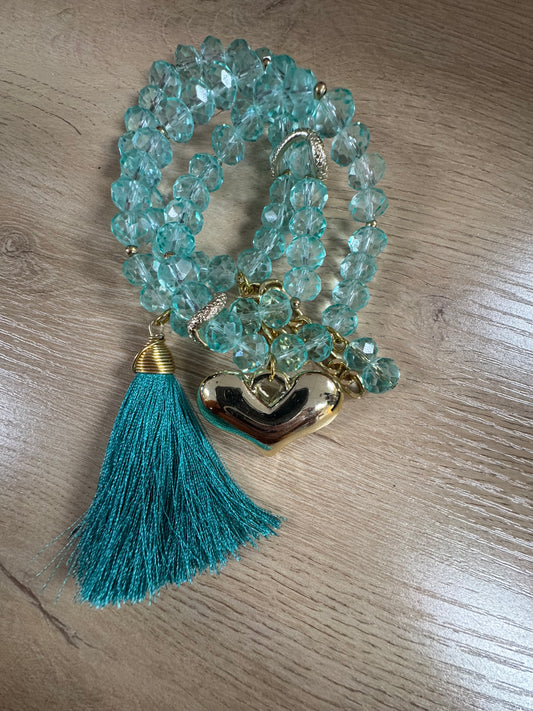 Aqua Crystal Heart Tassel Bracelet