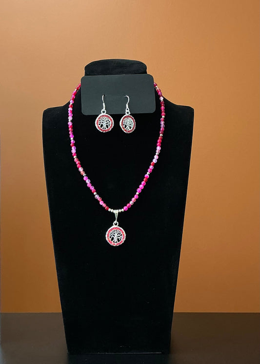 Tree of Life Necklace & Earrings - Pink