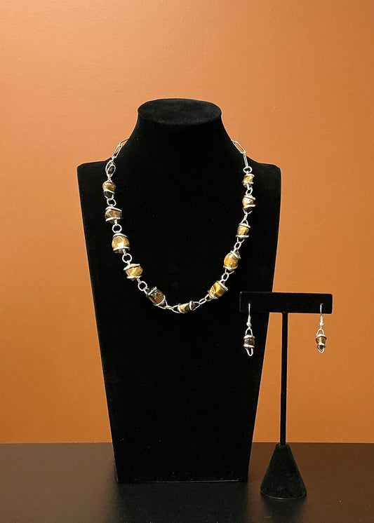 Silver & Brown Stone Necklace & Earrings