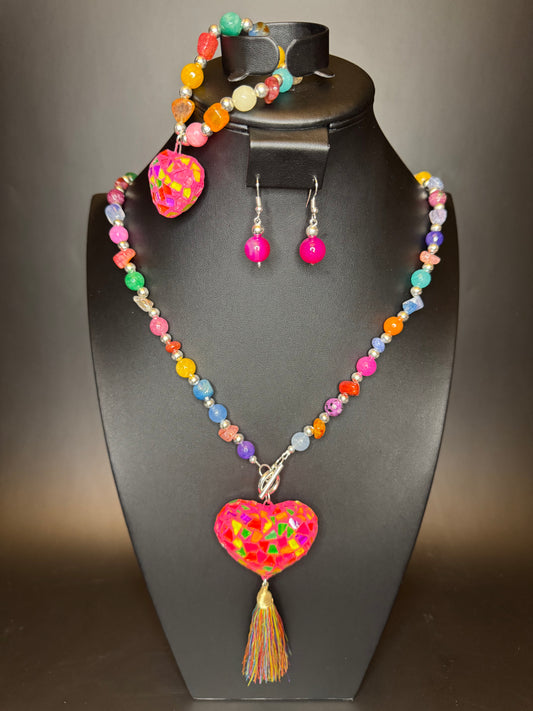 Corazon Vitral Fuchsia Multicolor Agatas Set