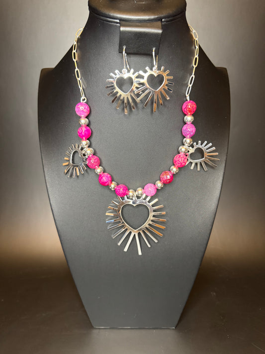 Pink Fluorite Heart Necklace & Earrings