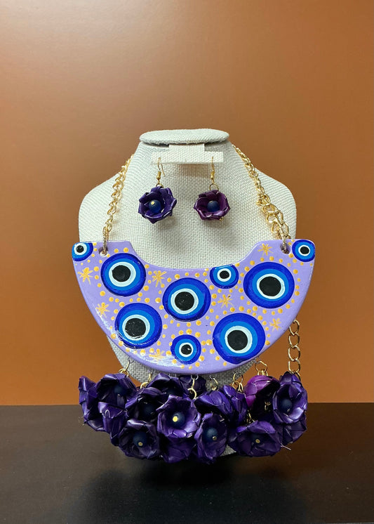 Evil Eye, Purple Flower Necklace & Earrings
