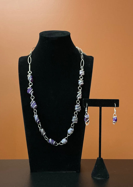 Silver & Purple Stone Necklace & Earrings