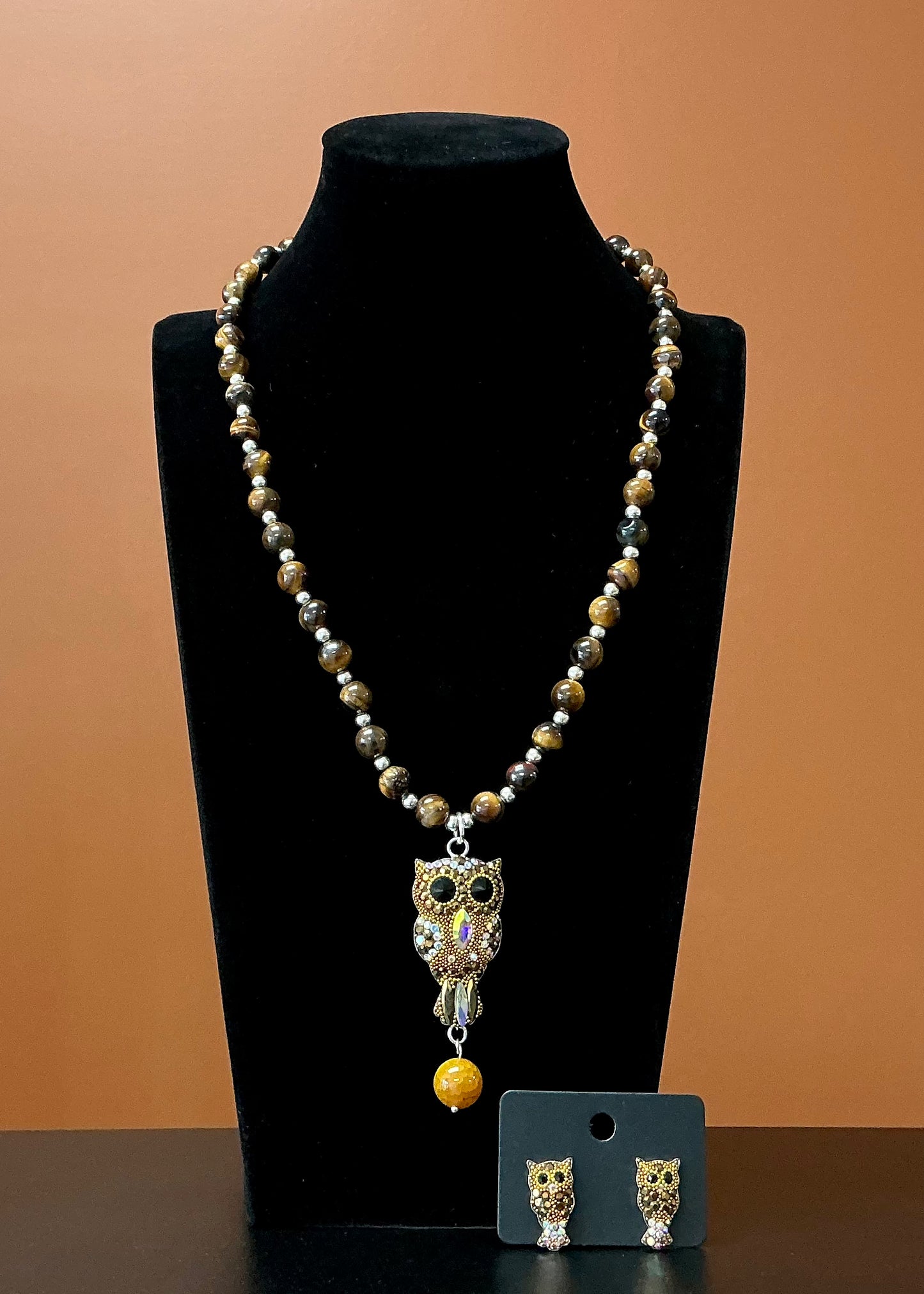 Owl Necklace & Earrings Set - Brown