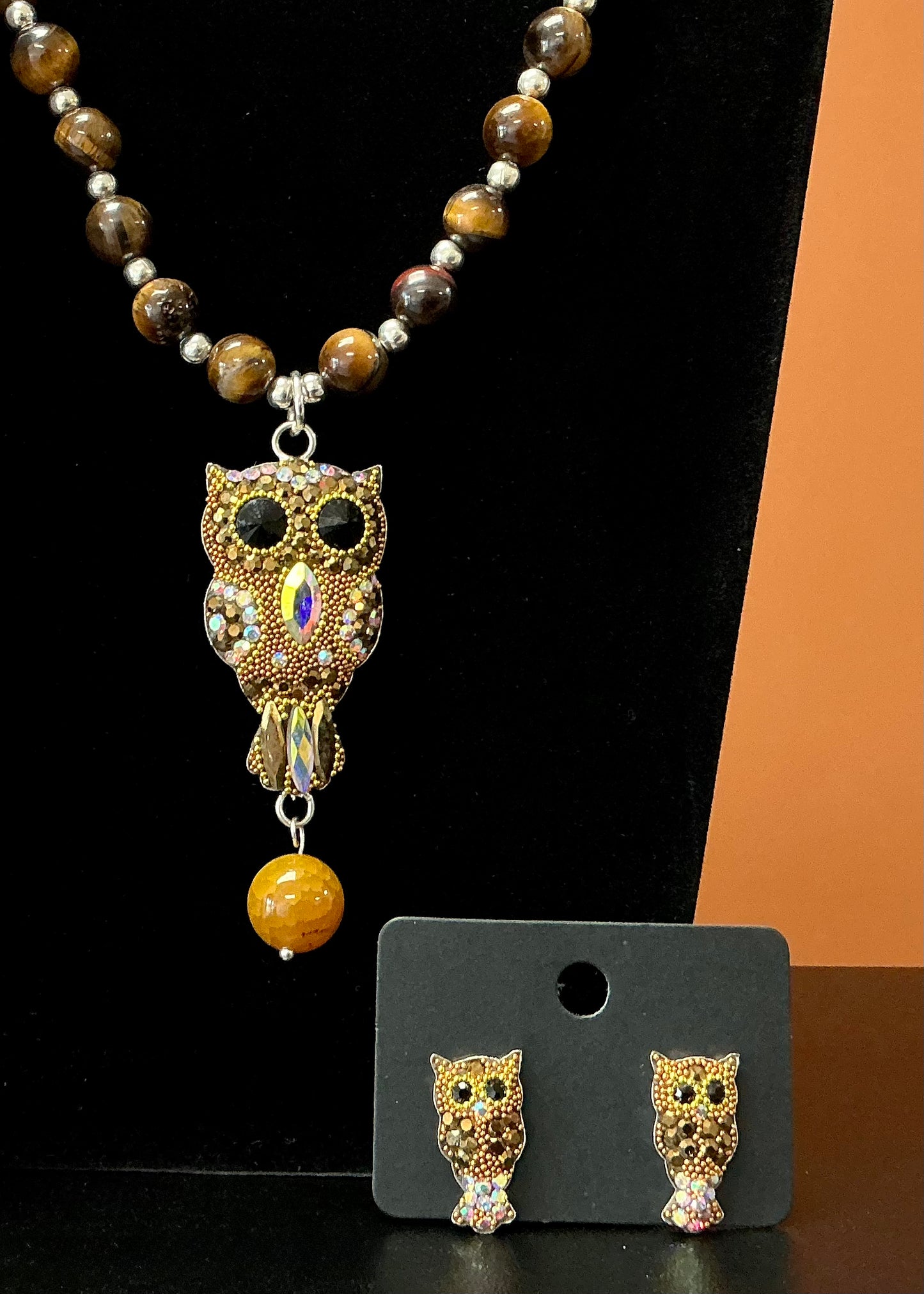 Owl Necklace & Earrings Set - Brown