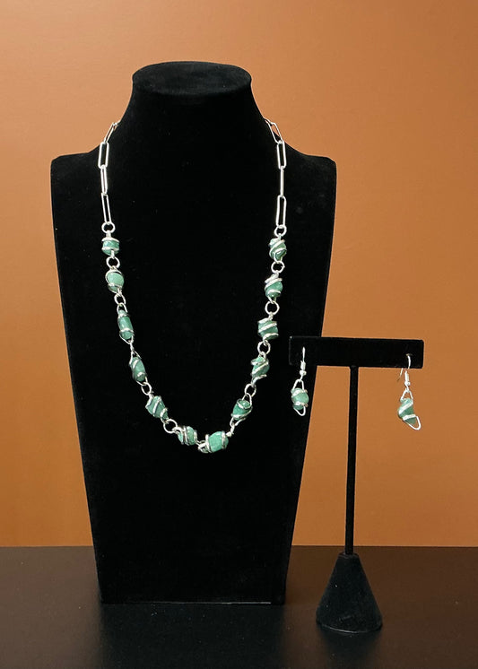 Silver & Green Stone Necklace & Earrings