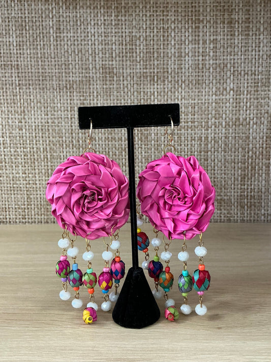Fuchsia Palm Rose Beaded Earrings