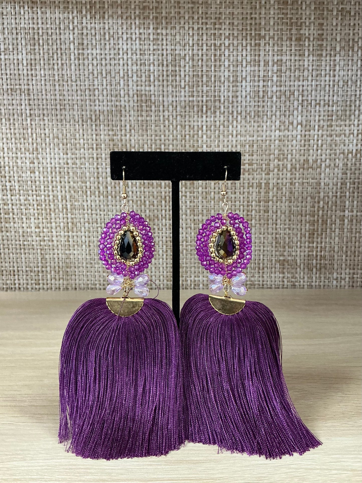 Crystal Beaded Tassel Statement Earrings