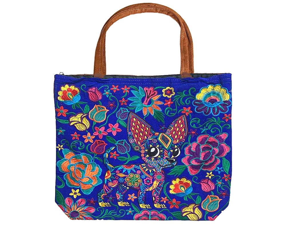 Embroidered Floral Chihuahua Dog Large Suede Tote Bag