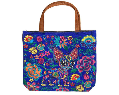 Embroidered Floral Chihuahua Dog Large Suede Tote Bag