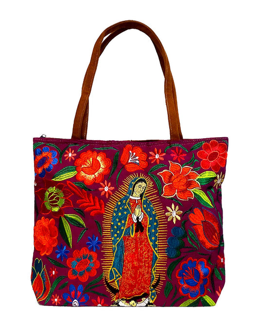 Embroidered Floral Virgen de Guadalupe Large Suede Tote Bag