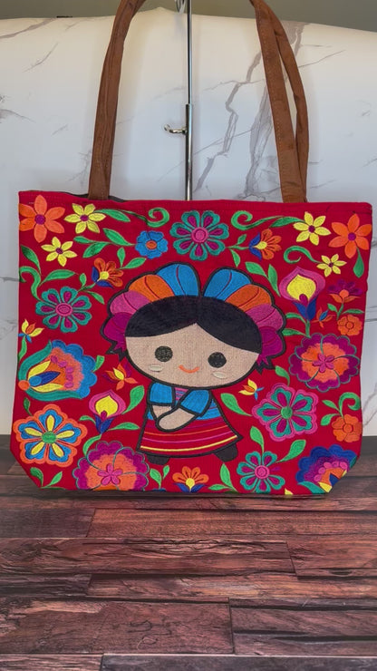 Embroidered Floral Muñeca Lelé Large Suede Tote Bag