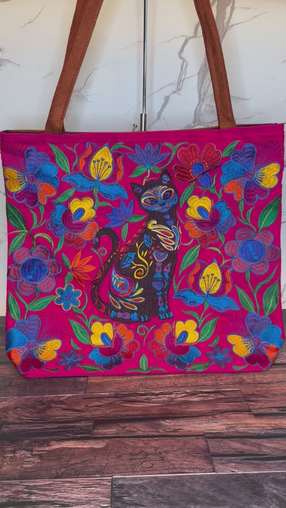 Embroidered Sugar Skull Cat Large Suede Tote Bag
