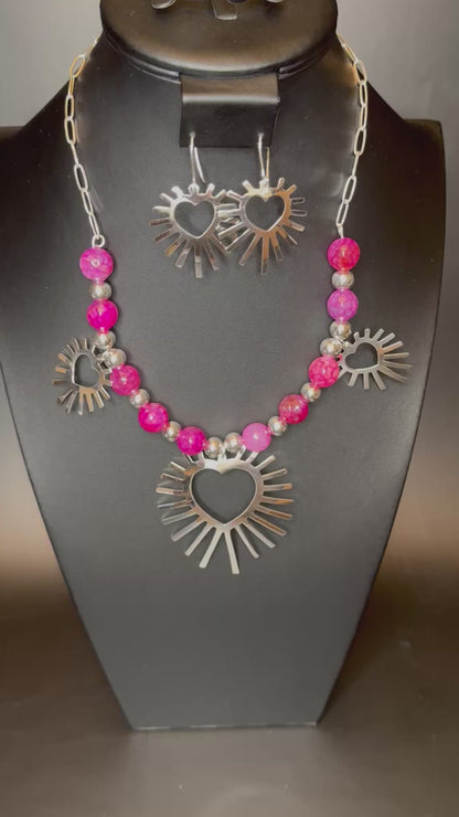 Pink Fluorite Heart Necklace & Earrings