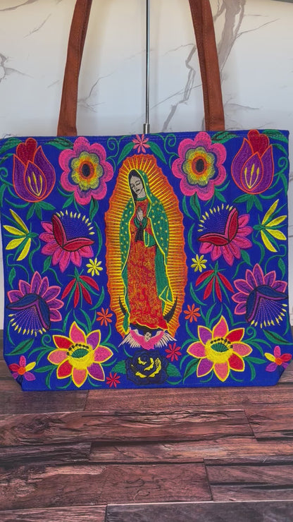 Embroidered Floral Virgen de Guadalupe Large Suede Tote Bag